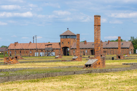 A landscape view from within the world famous prisoner of war camp, Auschwitz, where thousands of...