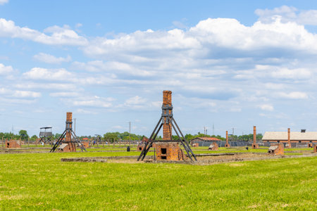 A landscape view from within the world famous camp, Auschwitz, where thousands of people were held prisoner.の写真素材
