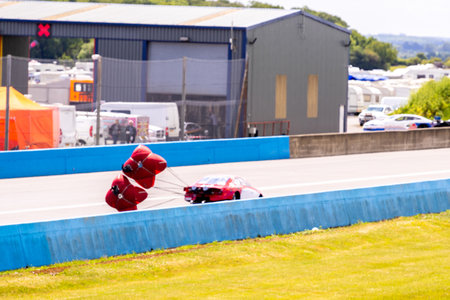 A drag vehicle which hits speeds of up to 300mph uses parachutes to slow them down has deployed.の写真素材