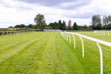 A ground view of a horse racing track that is empty. The long grass strips where horses and jockeys compete to win a race.の写真素材