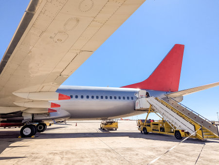 A large passenger plane which is being loaded or offloaded. People going on holiday or business...