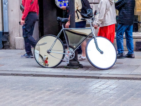A very specially designed bicycle with mirror wheels, leaning up against a lamppost.の写真素材