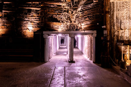 The Salt Mines or Poland have hundreds of miles of features and hidden amazing sights, usually occupied by tourists from around the world. Here seen the tracks allowing mining carts to be moved around.の写真素材