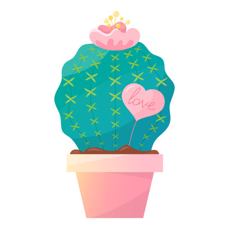 Cute cactus with a flower in a pot. A houseplant. Blooming succulent with a heart for Valentine's Day. Clipart in the flat cartoon style for gift designのイラスト素材