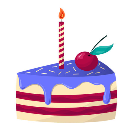 A piece of birthday cake with a candle, icing and sprinkling. Cherry berry cake slice, vector isolated food illustration for design, cartoon flat styleのイラスト素材