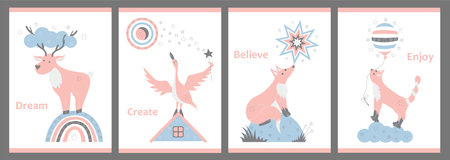 Set of nursery cute posters. Vector illustrations with animals for children. Deer, fox, cat and goose. Postcards, greeting card or poster for interior design for baby room, bedroom, kids wearのイラスト素材