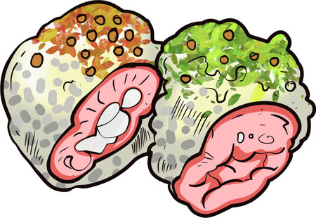 Illustration of Cucumber Sushi with Smiling Eyes and Mouthの写真素材