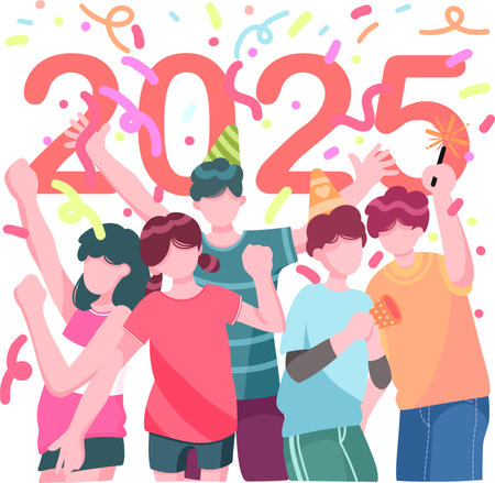 Happy new year 2015. Group of young people celebrate with confetti. Vector illustration.