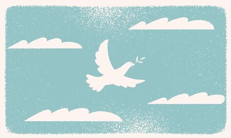 Dove with olive branch flying in the blue sky with cloudsのイラスト素材