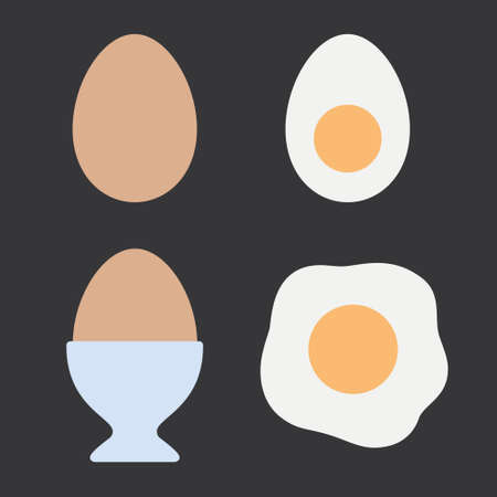 Flat vector illustrations of an egg: brown egg, hard-boiled egg, fried egg sunny side up, egg in a cupのイラスト素材