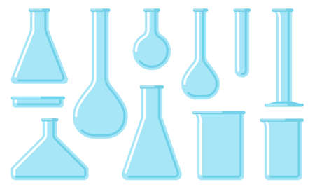 Vector illustration of laboratory glassware. Volumetric flask, Erlenmeyer flask, round-bottom flask, Fernbach flask, Petri dish, test tube, graduated cylinder, beaker.のイラスト素材
