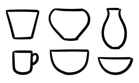 Set of hand-drawn outlines of ceramic pots and vasesのイラスト素材