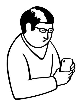 Man with a phone. A man looking into his phone with a concerned expression on his face.のイラスト素材