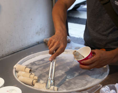 Fried ice cream in process of making, Phuket, Thailandの写真素材