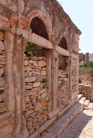 Abandoned house, door and window and a part of a wall. Symi island, Greeceの写真素材