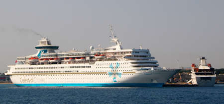 Celestyal Olympia cruise ship in the port of Rhodes, Mandraki harbor, Rhodes, Greeceのeditorial素材