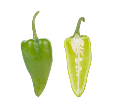 Green chili peppers on white backgroundの写真素材