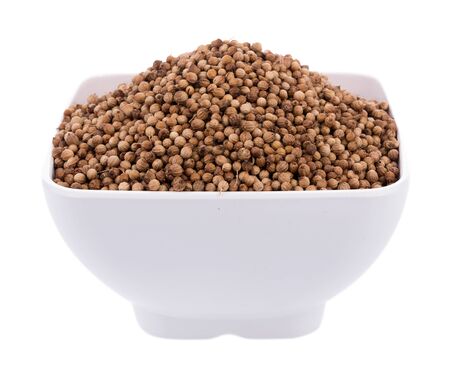 coriander seeds in bowl on white backgroundの写真素材