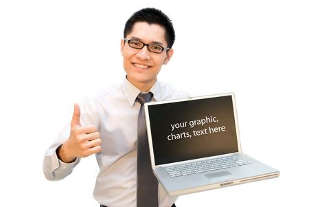 Nerdy Asian business guy thumbs up with laptopの写真素材