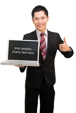Asian guy thumbs up with laptopの写真素材