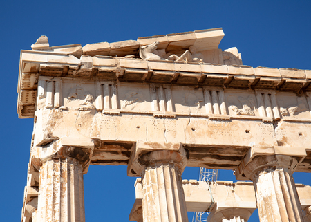 Detail of columns and frieze of the Parthenon at Acropolis in Athens, Greece. March, 14th. 2019の写真素材