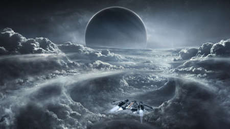 Beautiful space landscapes with spaceships and planets
