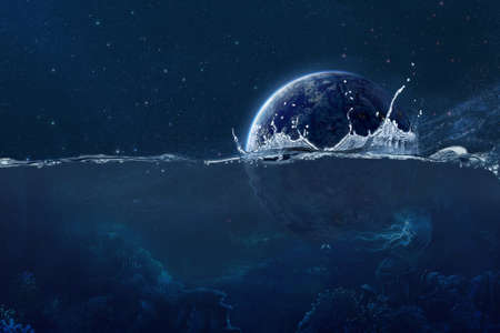 A space planet that fell into the seaの写真素材