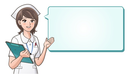 Young cute nurse welcoming patient with a smile on a speech bubble background のイラスト素材