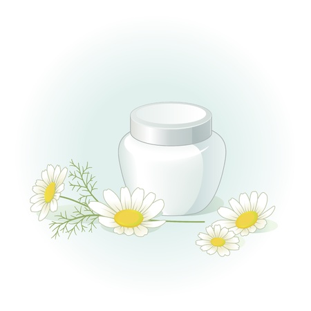 Cream jar and chamomile flowers on the pale green blue backgroundのイラスト素材