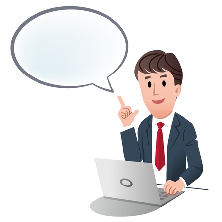 Businessman pointing up with speech bubble, against white backgroundのイラスト素材