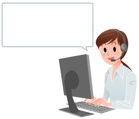 Vector illustration of Customer service woman at computer with speech balloon  isolated on white  のイラスト素材