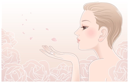 Young pretty woman blowing on petals of roses  のイラスト素材