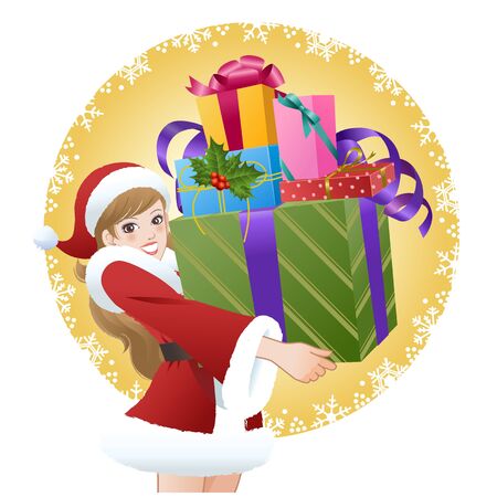 Beautiful woman wearing Santa costume holding gift boxes on snowflake pattern background のイラスト素材
