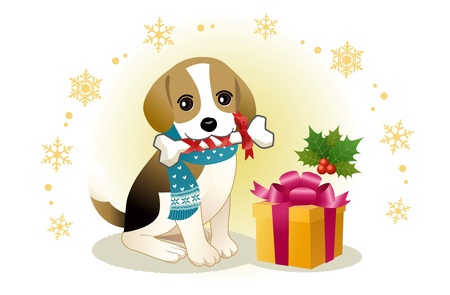Beagle dog biting ribboned bone with christmas present box   のイラスト素材