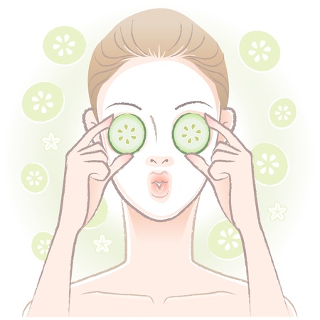 Young woman with facial mask  applying sliced cucumber on her eyes  Vector Transparencyのイラスト素材