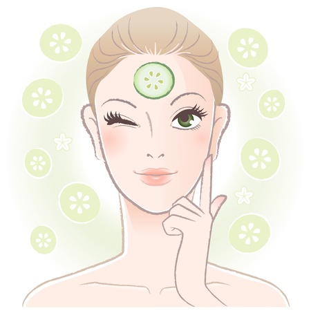 Pretty woman applying cucumber slice mask on her forehead  Vector  Transparencyのイラスト素材