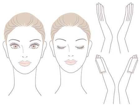 Beautiful woman head and hands with without cotton seat  For facialcare のイラスト素材