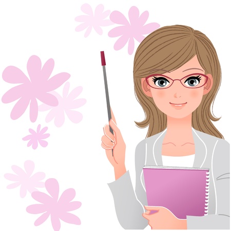 Pretty woman holding pointer stick and spiral Notebook on spring flowers Download file contains Blending tool, Gradients, Clipping maskの素材 [FY31018538949]