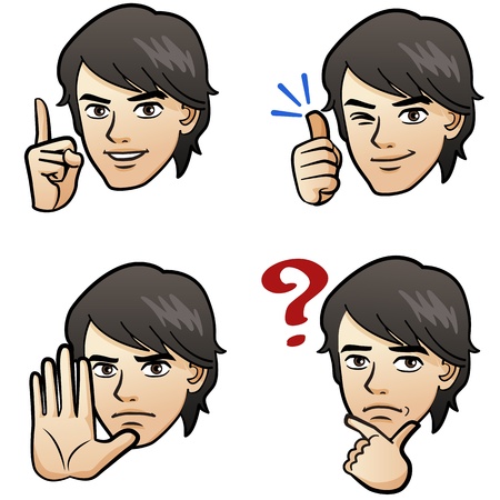 Cartoon Handsome man expressing different emotion with hand signs on white background Japanese manga style のイラスト素材