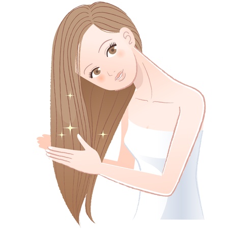Beautiful Young woman applying hair oil to her long hair The file contains Gradients のイラスト素材