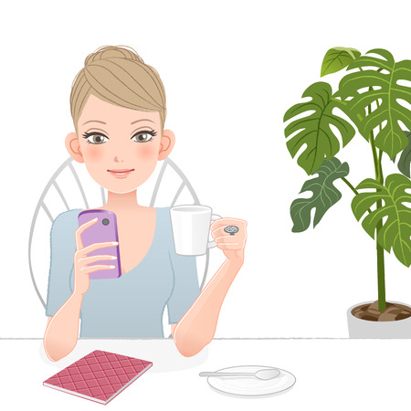 Pretty woman with smart phone drinking coffee  File contains Gradients, Blending tool, Clipping mask のイラスト素材