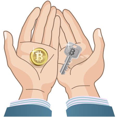 Bitcoin concept - coin and security key in hands  File contains Gradients, Clipping mask, Transparency のイラスト素材
