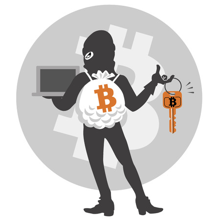 Threat to digital currency. Criminal succeeds hacking theft. File contains Clipping mask, Transparency.のイラスト素材