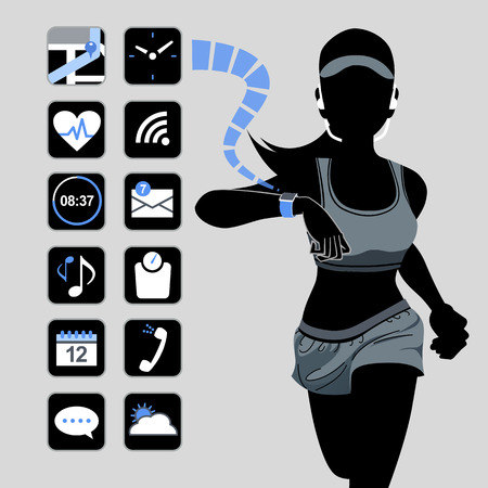 Smart watch concept with healthy fitness woman in silhouette.のイラスト素材