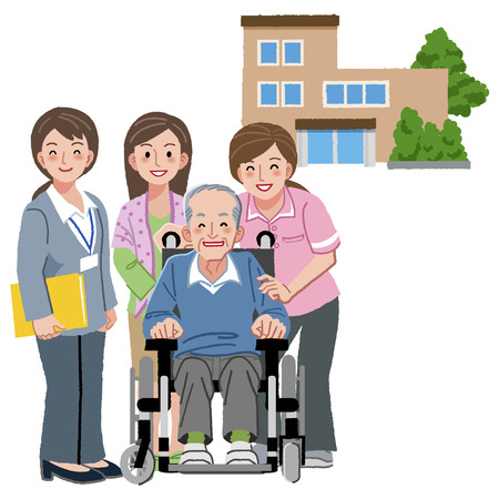 Smiling senior man with caregivers, his family, and nursing home in the background.のイラスト素材