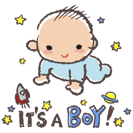 Baby boy smiling with stars, rocket and message "it's a boy"のイラスト素材