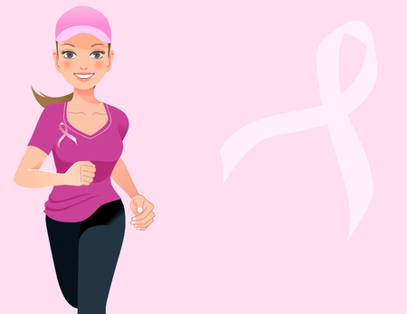 Pink ribbon concept - running woman with pink ribbon in the pink backgroundのイラスト素材