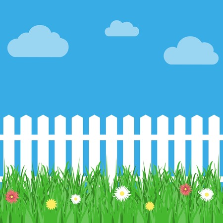 white fence with grass and flowersのイラスト素材