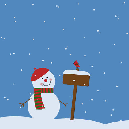 happy snowman and bird on winter backgroundのイラスト素材