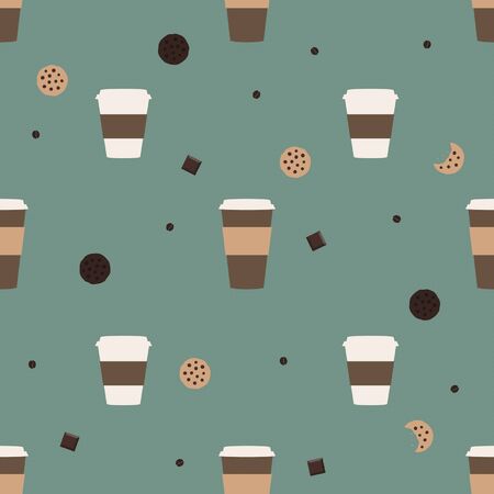 coffee and chocolate chip cookies. Vector seamless pattern.のイラスト素材